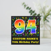 94歳の誕生日パーティー：楽しい音楽のシンボル、虹色の94 招待状 (スタンド正面)