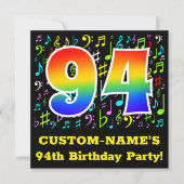 94歳の誕生日パーティー：楽しい音楽のシンボル、虹94 招待状 (正面)