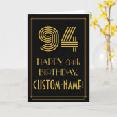 94歳の誕生日:アートデコ調の「94」&名前 カード (黄色い花)