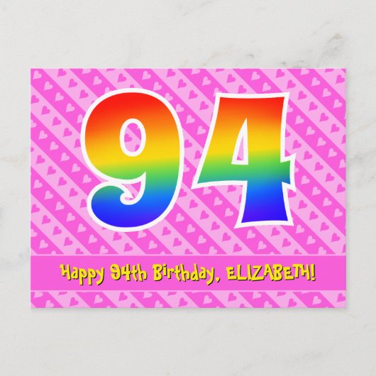 94歳の誕生日：ピンクのストライプとハート、レインボー94 ポストカード (正面)