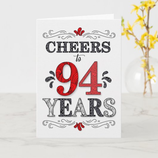 94番目の誕生日応援の赤い白い黒のパターン カード (黄色い花)