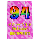 94誕生日:おもしろいピンクのハートストライプ; Rainbow 94 ミディアムペーパーバッグ (正面)