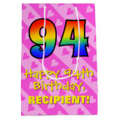 94誕生日:おもしろいピンクのハートストライプ; Rainbow 94 ミディアムペーパーバッグ (裏面)