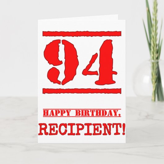 94誕生日:おもしろい、赤ゴムスタンプルックインスパイアス カード (正面)