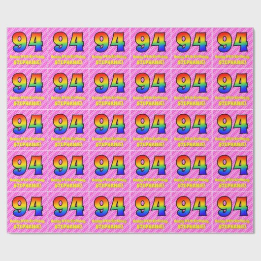 94誕生日:ピンクストライプのハート、レインボー# 94 ラッピングペーパー (フラット)