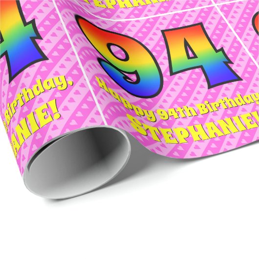 94誕生日:ピンクストライプのハート、レインボー# 94 ラッピングペーパー (ロールコーナー)