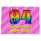 94誕生日：ピンクストライプのハート、レインボー# 94 ラージペーパーバッグ (正面)