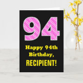 94誕生日：ピンクストライプ色のハートと"94" +名前 カード (黄色い花)