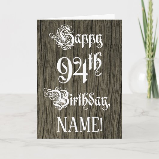 94誕生日:、ファンシーエレガント文字フェイク、木目 カード (正面)