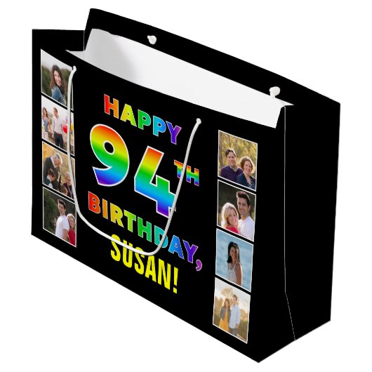 94誕生日:レインボー文字カスタム、写真&名前 ラージペーパーバッグ (正面アングル)