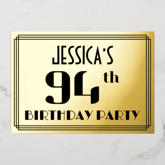 94th誕生日パーティー:アールデコの外観"94"と名前 箔招待状 (正面)