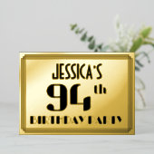 94th誕生日パーティー:アールデコの外観"94"と名前 箔招待状 (立ち正面)