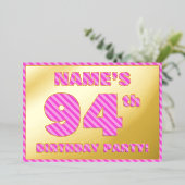 94th Birthday Party —はっきりした、おもしろい、ピンクストライプ色94 箔招待状 (立ち正面)