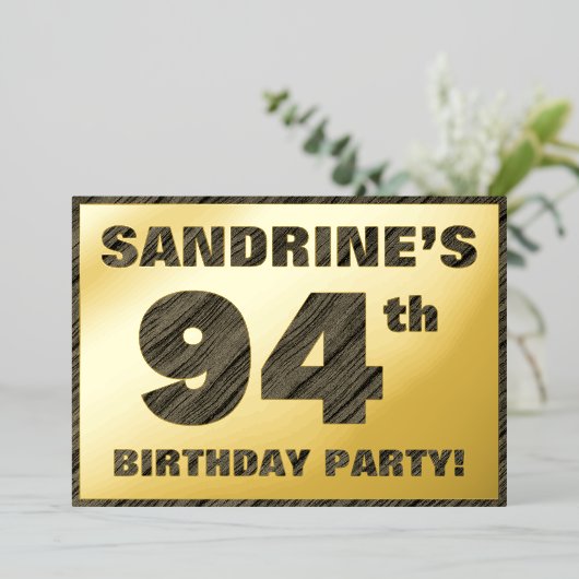 94th Birthday Party — はっきりしたWood Grainフェイク文字 箔招待状 (立ち正面)