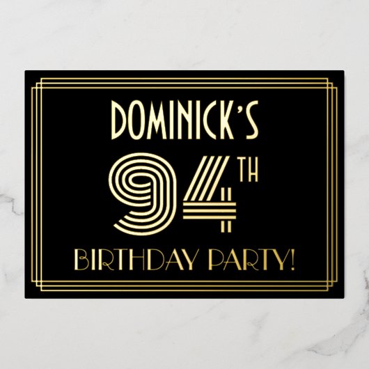 94th Birthday Party —アールデコスタイル「94」 +名前 箔招待状 (正面)