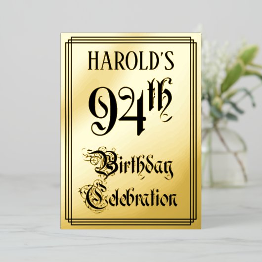 94th Birthday Party – スクリプエレガントト+名前をカスタムする 箔招待状 (立ち正面)