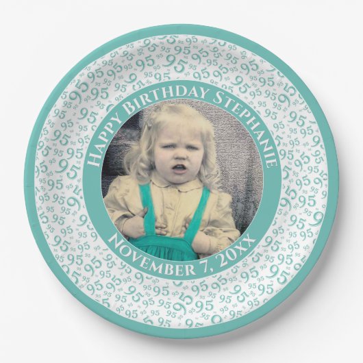 95あなたの写真の乱数パターンティール（緑がかった色）/白 ペーパープレート (正面)