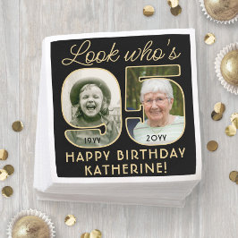 95歳のお誕生日おめでとう ブラック＆ゴールドのフォト2枚ペーパー・ナプキン スタンダードカクテルナプキン