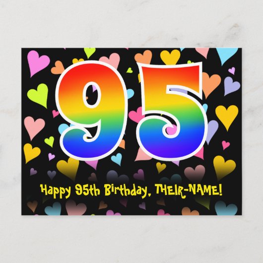 95歳の誕生日おめでとう:楽しいハート柄、虹 95 ポストカード (正面)