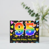 95歳の誕生日おめでとう:楽しいハート柄、虹 95 ポストカード (スタンド正面)