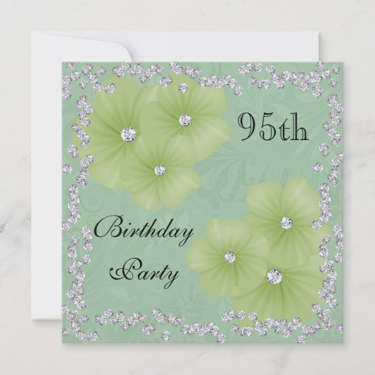 95歳の誕生日お祝い グリーン ダマスク柄と花 招待状 (正面)
