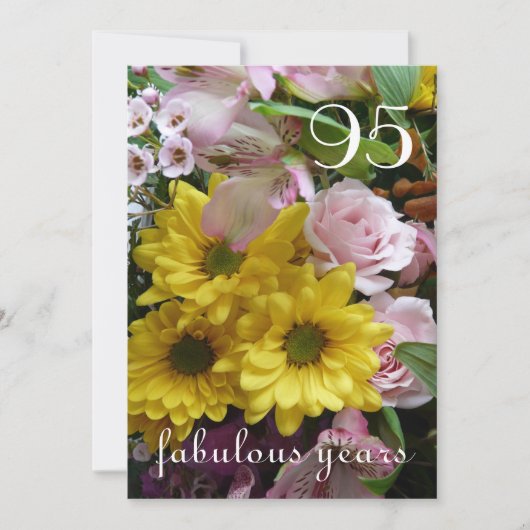 95歳の誕生日お祝い - ピンクと黄色の花 招待状 (正面)