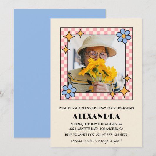 95歳の誕生日の招待レトロGroovy Blueフローラ 招待状 (正面/裏面)
