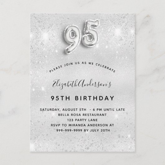 95歳の誕生日の銀のグリッターの輝き インビテーションポストカード (正面)