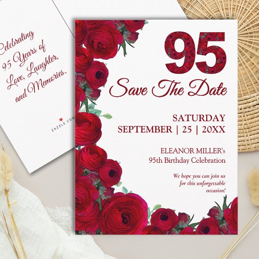 95歳の誕生日を祝う赤い花の豪華なデザインのSave the Date 案内ポストカード