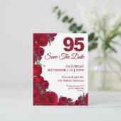 95歳の誕生日を祝う赤い花の豪華なデザインのSave the Date 案内ポストカード (スタンド正面)
