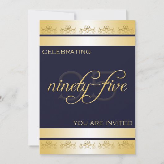 95歳の誕生日パーティーへの招待が青と金ゴールド 招待状 (正面)
