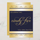 95歳の誕生日パーティーへの招待が青と金ゴールド 招待状 (正面/裏面)
