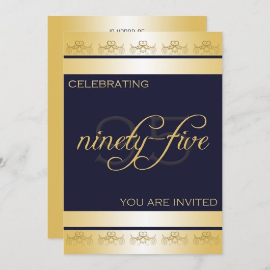 95歳の誕生日パーティーへの招待が青と金ゴールド 招待状 (正面/裏面)