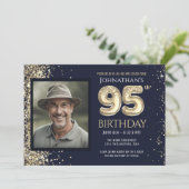 95歳の誕生日パーティー ゴールドグリッター ブルーフォト 招待状 (スタンド正面)