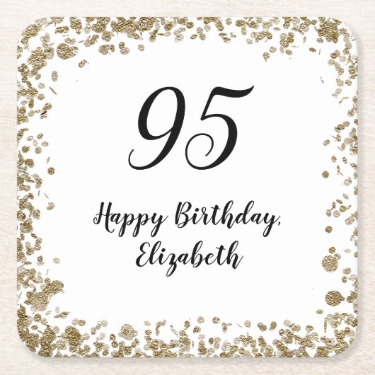 95歳の誕生日パーティー ゴールドスパンコール スクエアペーパーコースター (正面)