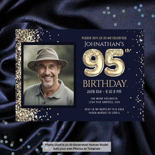 95歳の誕生日パーティー ゴールドラメ ブルー 写真 招待状