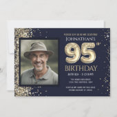 95歳の誕生日パーティー ゴールドラメ ブルー 写真 招待状 (正面)