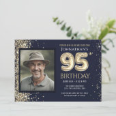 95歳の誕生日パーティー ゴールドラメ ブルー 写真 招待状 (スタンド正面)