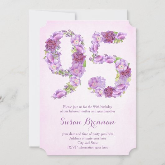 95歳の誕生日招待状のための女性のためのmauve招待状 招待状 (正面)