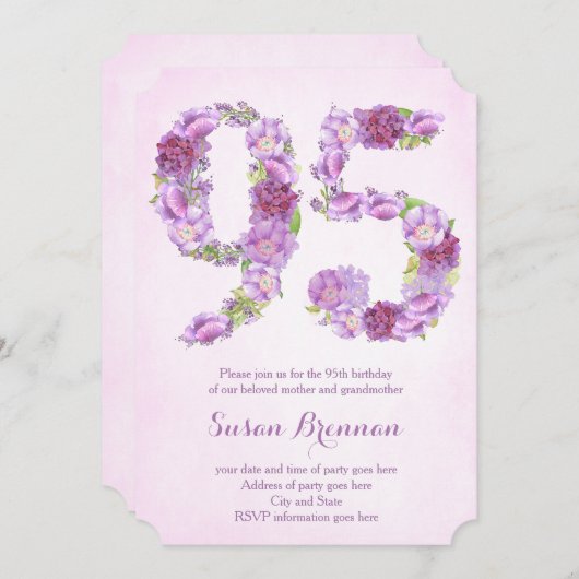 95歳の誕生日招待状のための女性のためのmauve招待状 招待状 (正面/裏面)