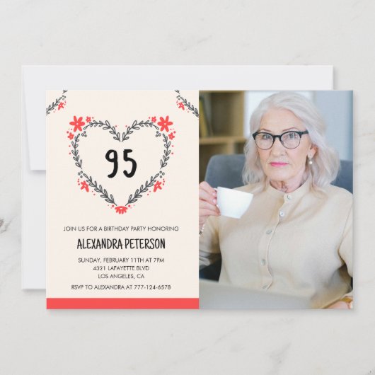 95歳の誕生日招待状のフローラハート 招待状 (正面)