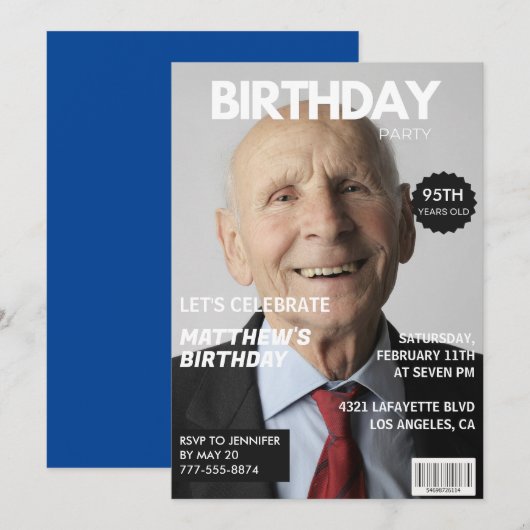 95歳の誕生日招待状 男性 彼 雑誌の表紙 招待状 (正面/裏面)