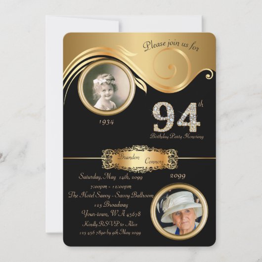 95歳の誕生日男性 95歳の誕生日、エレガントなアートデコ、紫色の招待状 招待状 (正面)