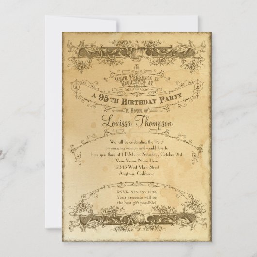 95歳の誕生日 お茶の染みたヴィンテージのお祝い 招待状 (正面)
