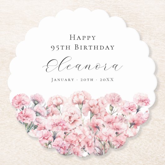 95歳の誕生日 ピンクのカーネーション 1月の誕生花 ペーパーコースター (正面)