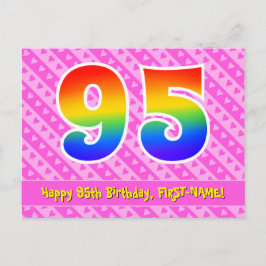 95歳の誕生日:ピンクのストライプとハート、虹95 ポストカード