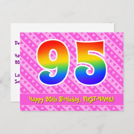 95歳の誕生日:ピンクのストライプとハート、虹95 ポストカード (正面/裏面)