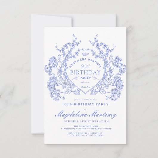 95番目の誕生日フランスのヴィンテージブルーフローラクレスト 招待状 (正面)