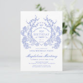 95番目の誕生日フランスのヴィンテージブルーフローラクレスト 招待状 (スタンド正面)