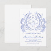 95番目の誕生日フランスのヴィンテージブルーフローラクレスト 招待状 (正面/裏面)